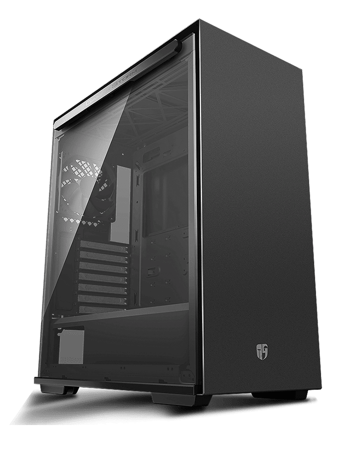 a standard looking prebuilt pc case with a flat black front panel. The side panel is tempered glass.