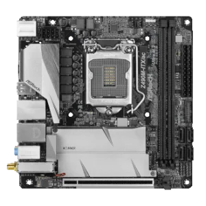 This small ITX motherboard is black and white.