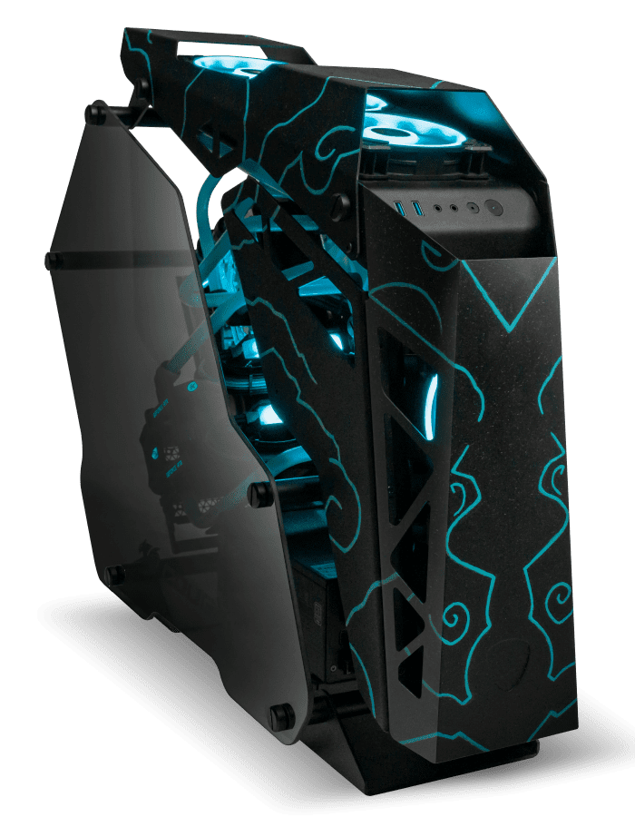 an oddly shaped computer with glowing linework details. This unique PC looks true to its Kaiju namesake