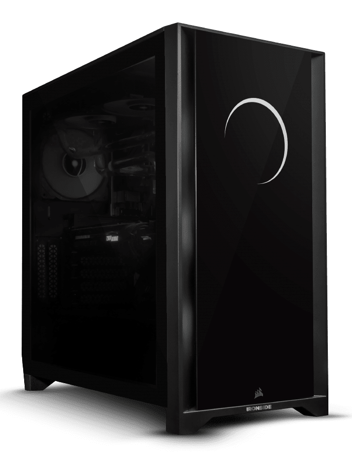 a unique pure black PC with a crescent moon on the front panel