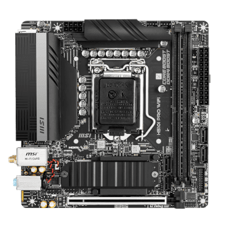 a small ITX motherboard with simple black detailing