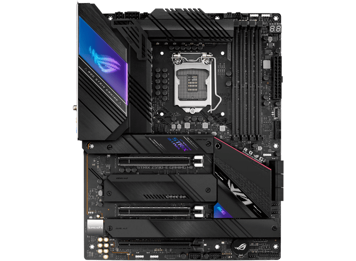 A high end motherboard with lots of ROG Strix logos and RGB