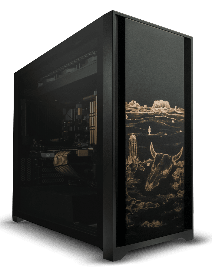 this custom black and gold pc has western style desert detailing on the front