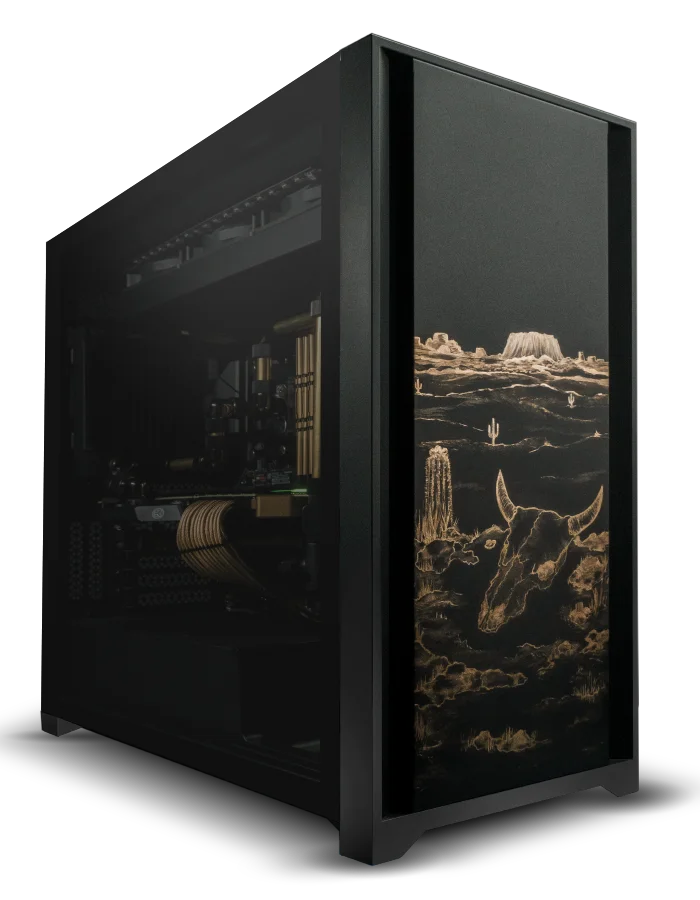 this custom black and gold pc has western style desert detailing on the front