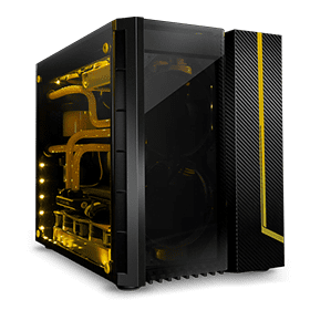 a custom gaming computer with as much yellow lights and accents that can fit inside a carbon-fiber black case