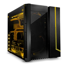 a custom gaming computer with as much yellow lights and accents that can fit inside a carbon-fiber black case