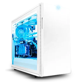 this custom designed computer is pure white on the outside with frosty blue detailing on the inside