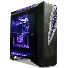 The front panel on this computer is modified with glass to look exactly like an open vein geode. The purple detailing there is mirrored in the interior of the case