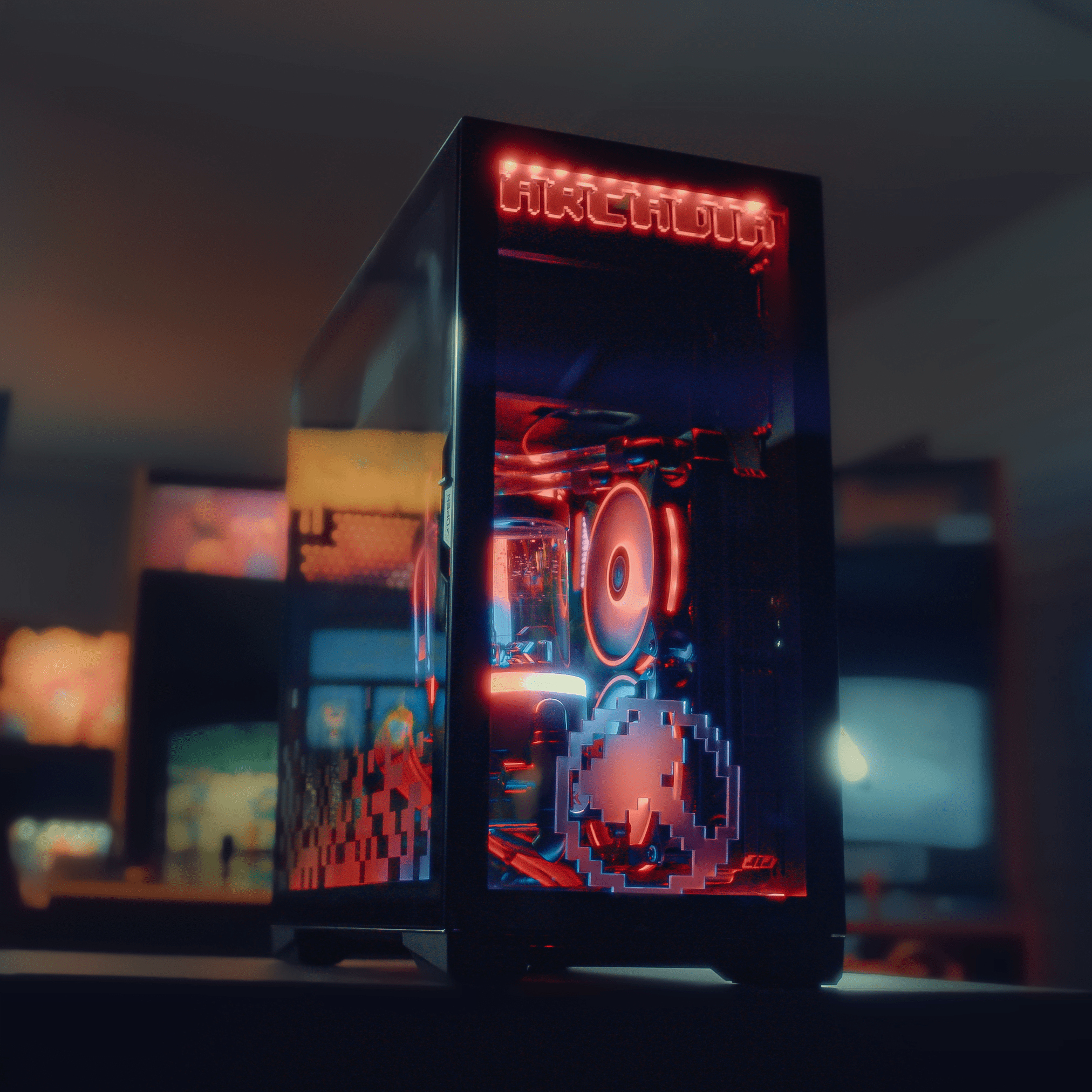 a closeup on the arcade themed prebuilt computer with lots of RGB