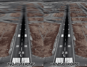 This image shows a road that becomes blurred and hard to see when it's far away. On the right, the same road with the caption "Anistropic" shows how the filter makes the far off part of the road clear.