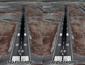 This image shows a road that becomes blurred and hard to see when it's far away. On the right, the same road with the caption "Anistropic" shows how the filter makes the far off part of the road clear.